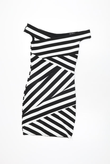 Miss Selfridge Womens Black Striped Polyester Bodycon Size 8 Off the Shoulder Zip