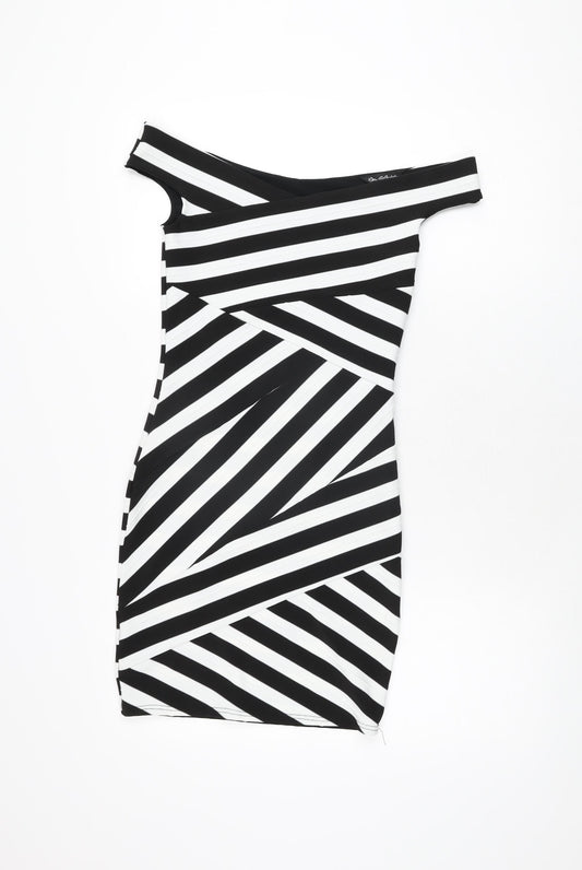 Miss Selfridge Womens Black Striped Polyester Bodycon Size 8 Off the Shoulder Zip