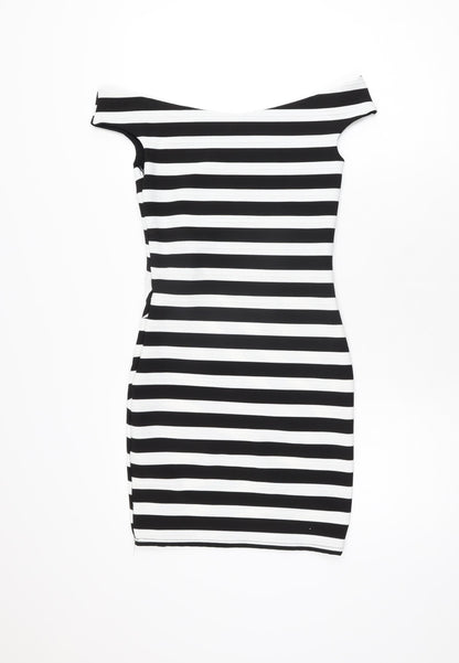 Miss Selfridge Womens Black Striped Polyester Bodycon Size 8 Off the Shoulder Zip