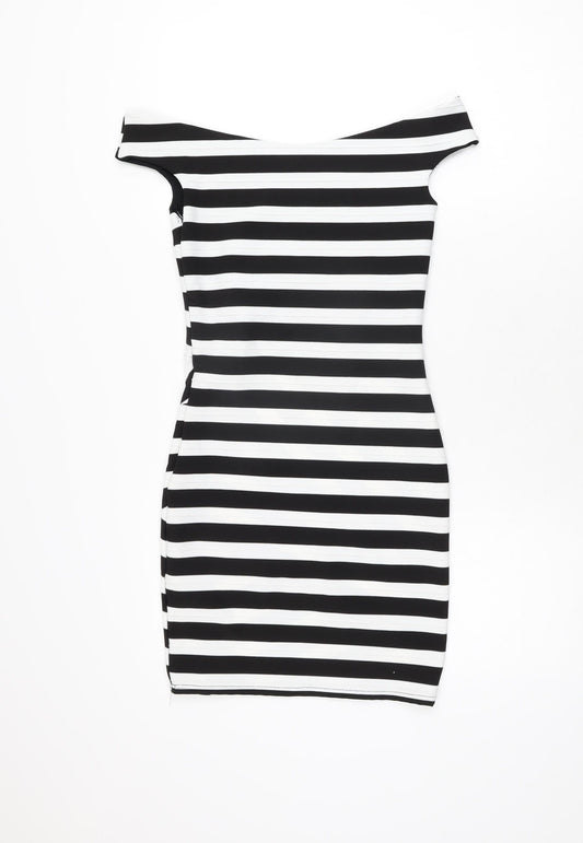 Miss Selfridge Womens Black Striped Polyester Bodycon Size 8 Off the Shoulder Zip