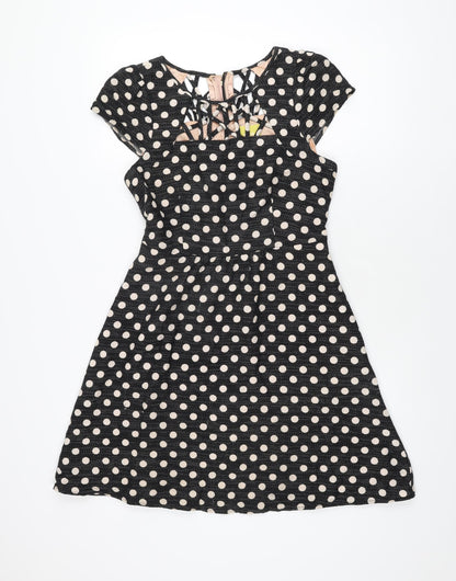 Maeve Womens Black Polka Dot Polyester Skater Dress Size 10 Round Neck Zip