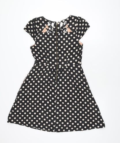 Maeve Womens Black Polka Dot Polyester Skater Dress Size 10 Round Neck Zip