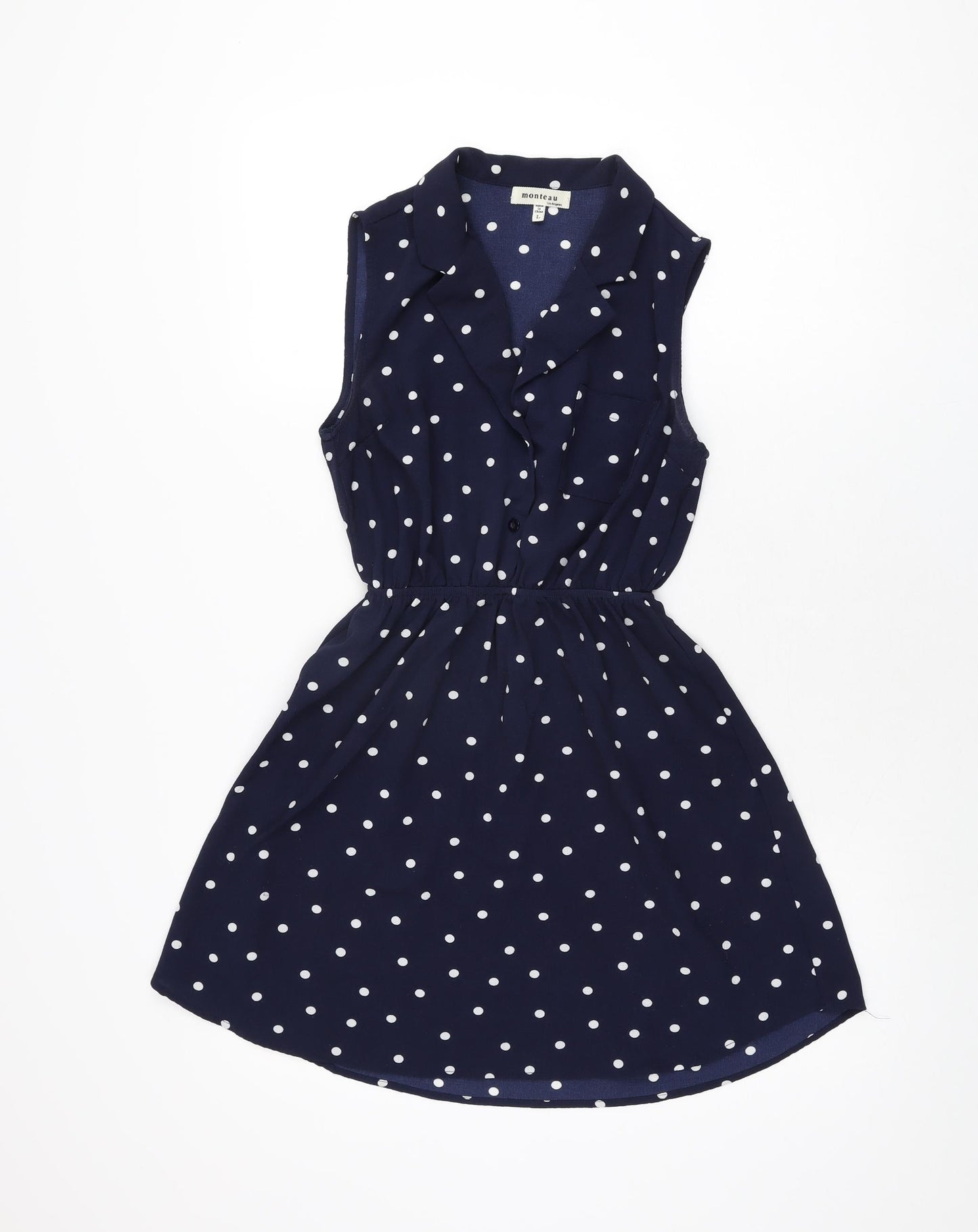 Monteau Girls Blue Polka Dot Polyester Skater Dress Size L Collared Button