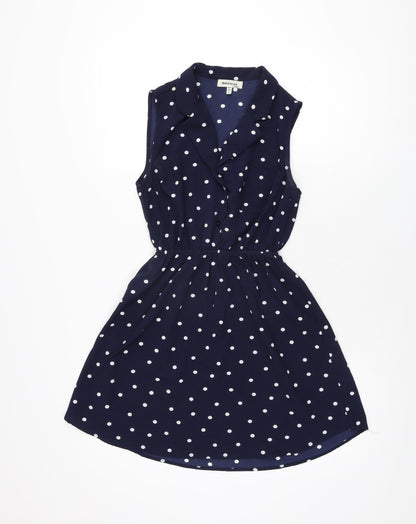 Monteau Girls Blue Polka Dot Polyester Skater Dress Size L Collared Button