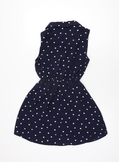 Monteau Girls Blue Polka Dot Polyester Skater Dress Size L Collared Button