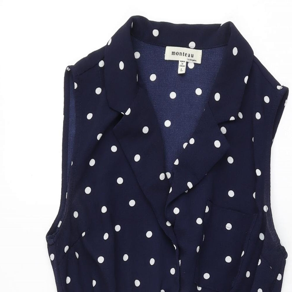 Monteau Girls Blue Polka Dot Polyester Skater Dress Size L Collared Button