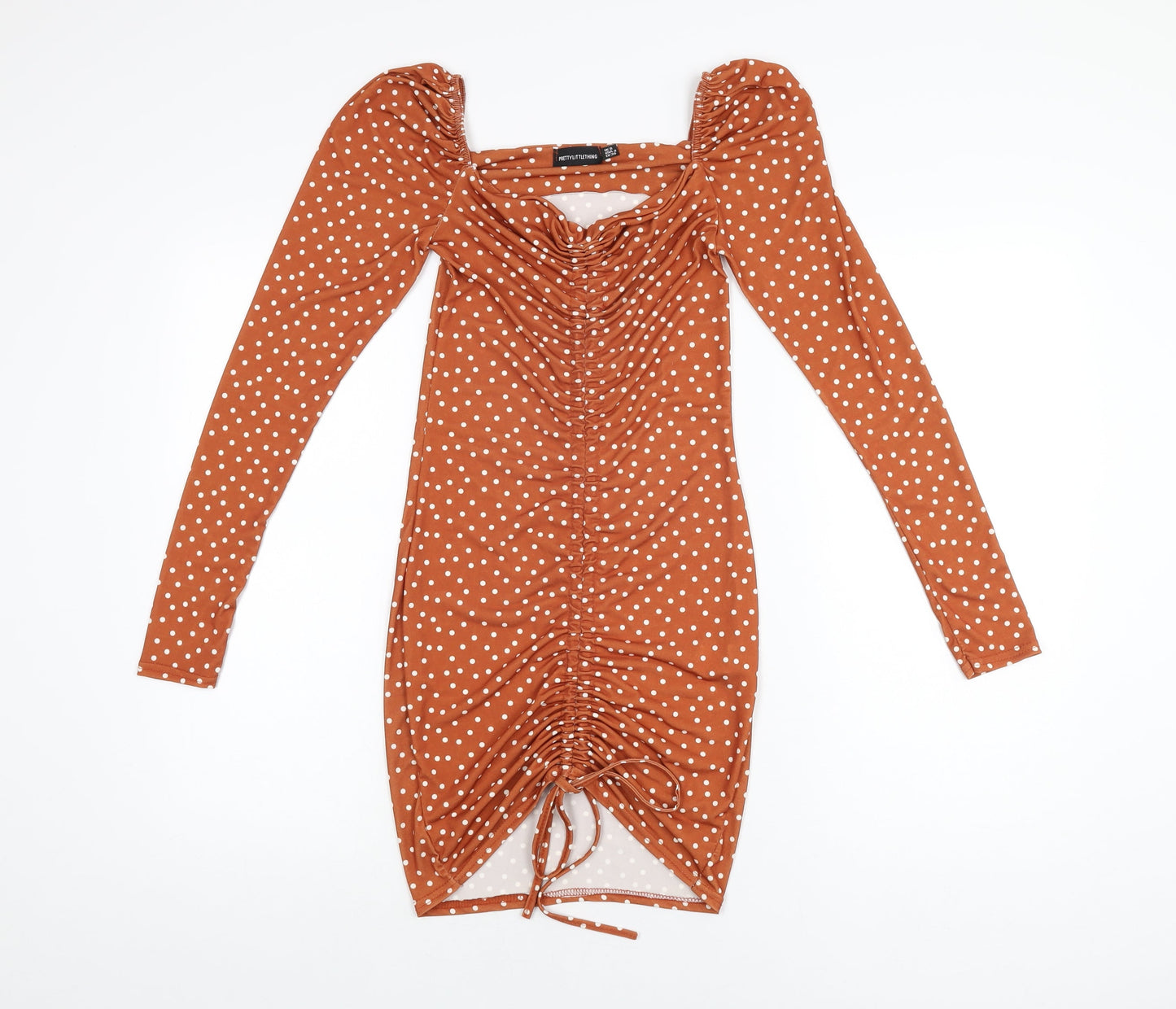 PRETTYLITTLETHING Womens Brown Polka Dot Polyester Bodycon Size 8 Sweetheart Pullover