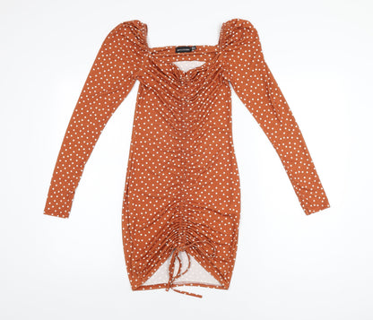 PRETTYLITTLETHING Womens Brown Polka Dot Polyester Bodycon Size 8 Sweetheart Pullover