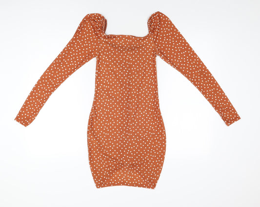 PRETTYLITTLETHING Womens Brown Polka Dot Polyester Bodycon Size 8 Sweetheart Pullover