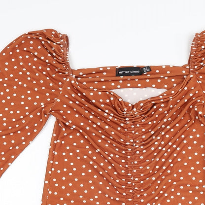 PRETTYLITTLETHING Womens Brown Polka Dot Polyester Bodycon Size 8 Sweetheart Pullover