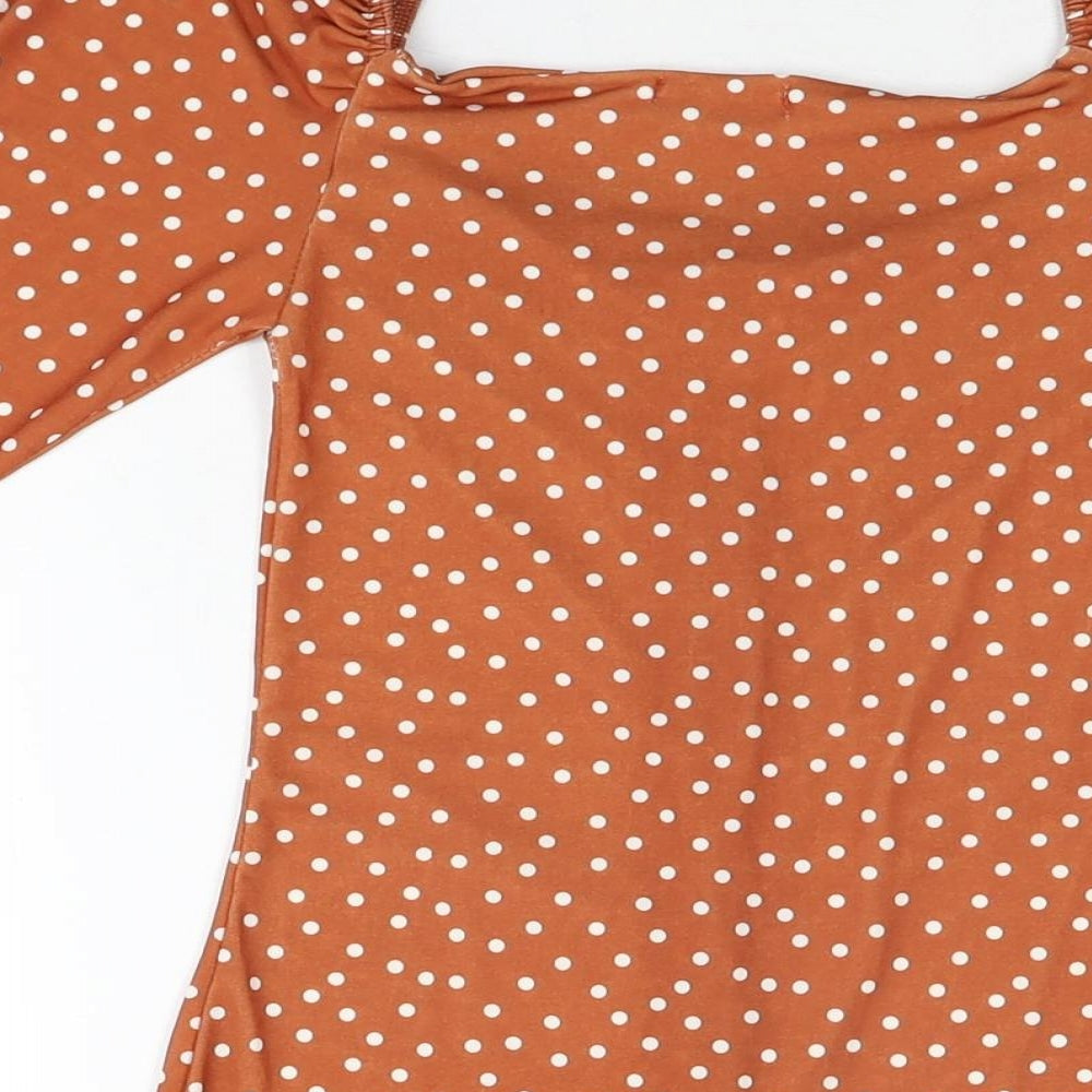 PRETTYLITTLETHING Womens Brown Polka Dot Polyester Bodycon Size 8 Sweetheart Pullover