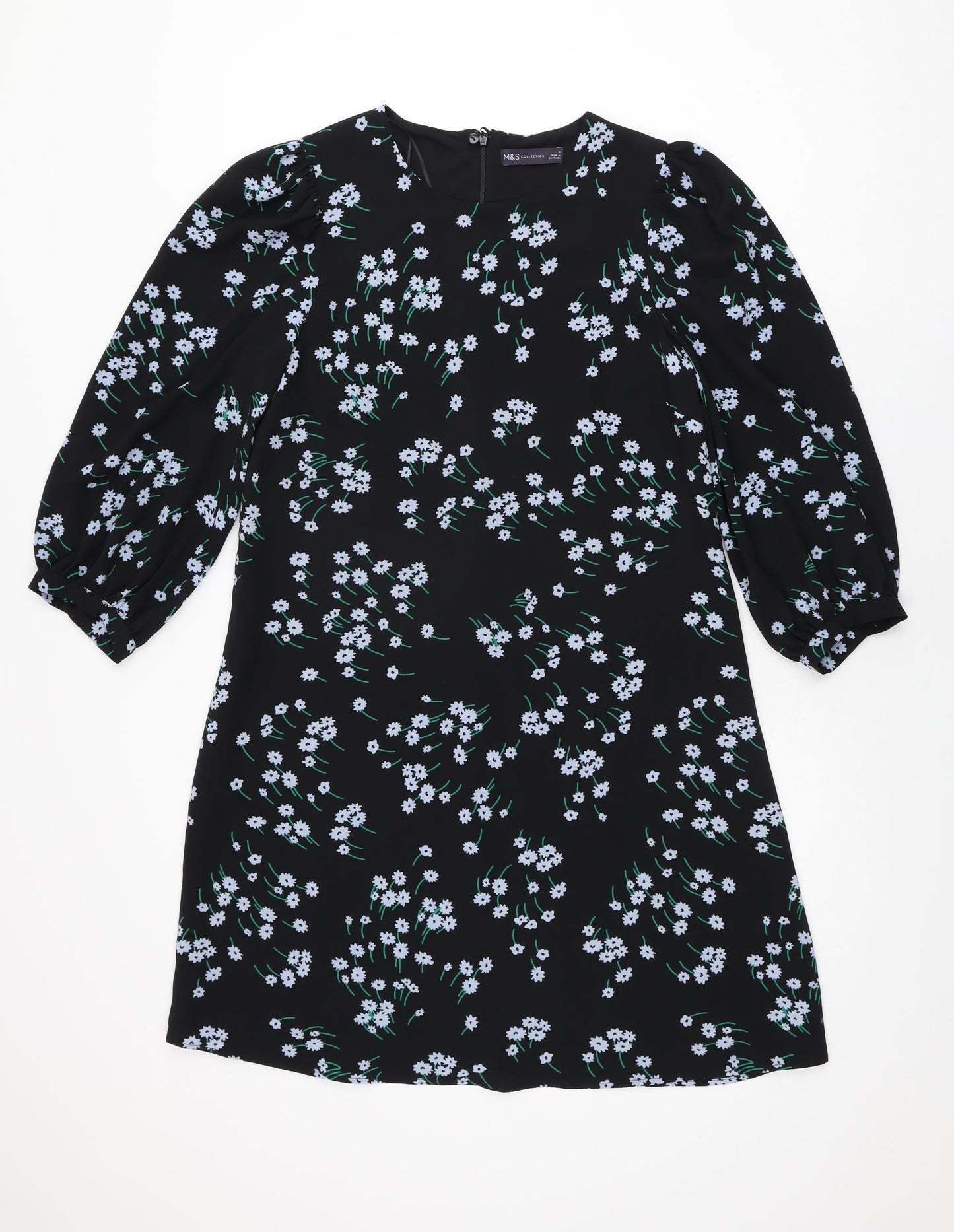 Marks and Spencer Womens Black Floral Polyester Shift Size 8 Round Neck Zip