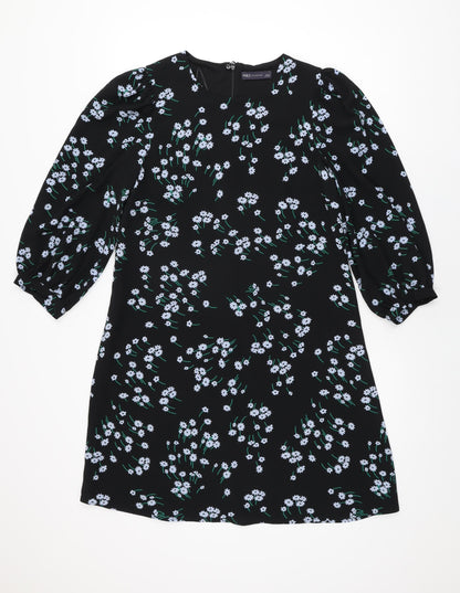 Marks and Spencer Womens Black Floral Polyester Shift Size 8 Round Neck Zip