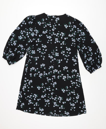 Marks and Spencer Womens Black Floral Polyester Shift Size 8 Round Neck Zip