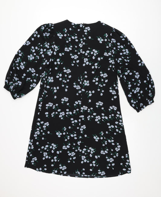 Marks and Spencer Womens Black Floral Polyester Shift Size 8 Round Neck Zip