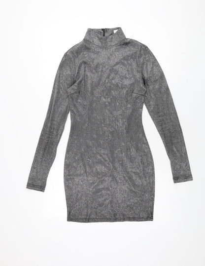 Missguided Womens Silver Polyester Bodycon Size 8 High Neck Zip