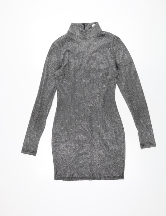 Missguided Womens Silver Polyester Bodycon Size 8 High Neck Zip
