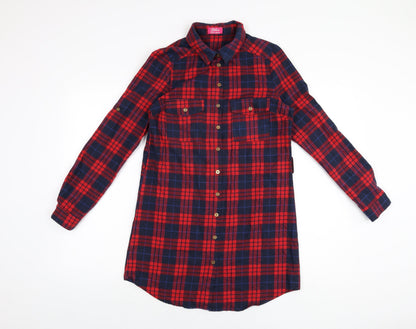 Skin Womens Red Plaid Polyester Shirt Dress Size 12 Collared Button