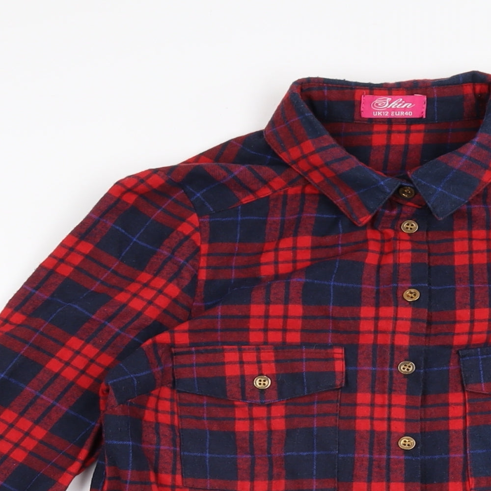 Skin Womens Red Plaid Polyester Shirt Dress Size 12 Collared Button