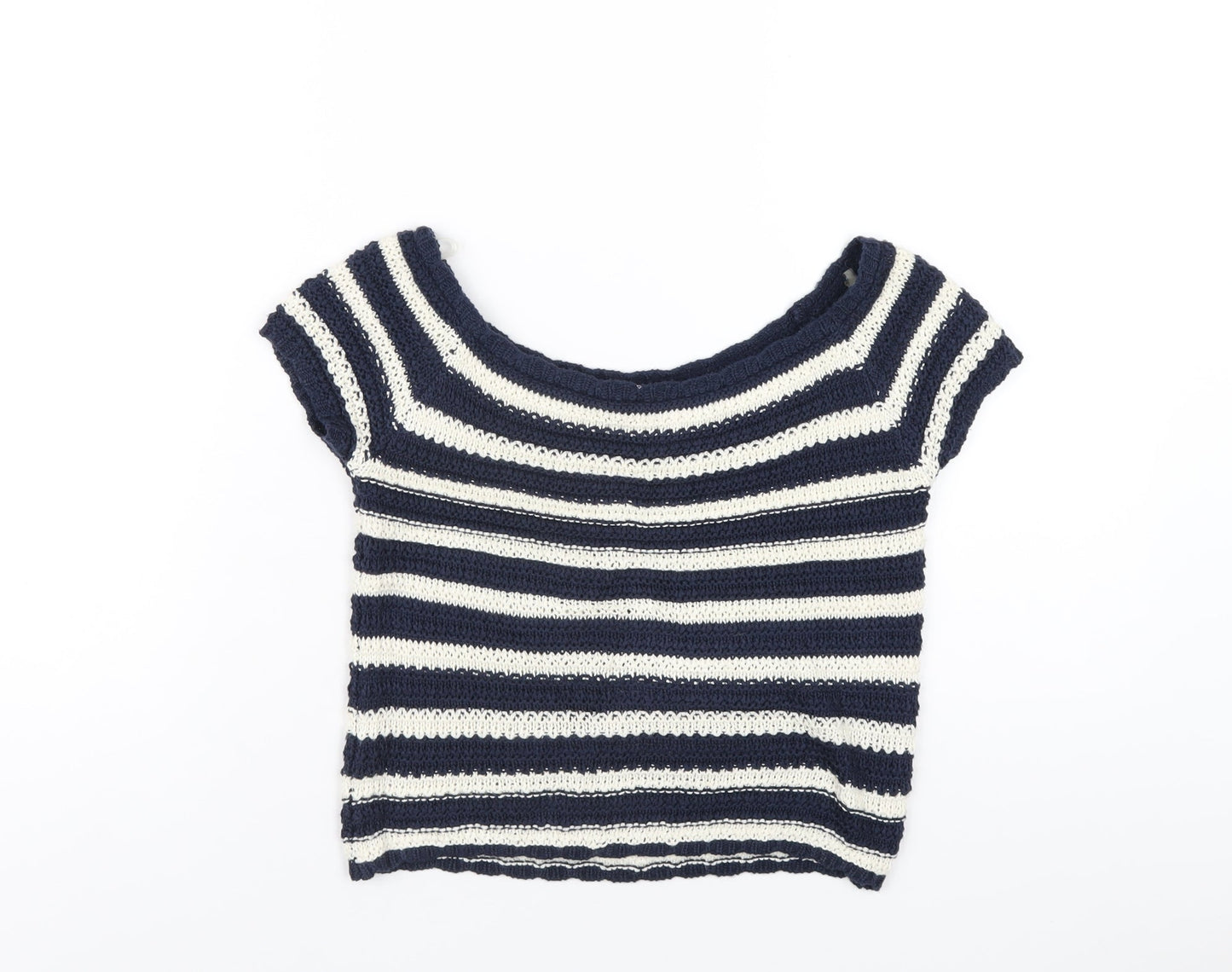 LU NYC Womens Blue Striped Acrylic Basic T-Shirt Size S Boat Neck