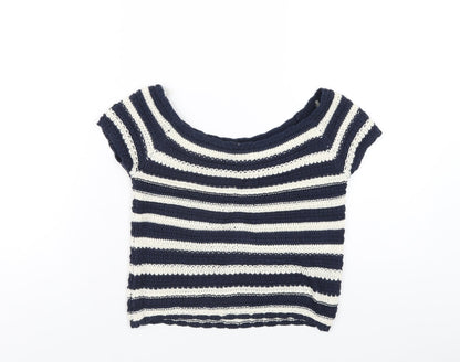 LU NYC Womens Blue Striped Acrylic Basic T-Shirt Size S Boat Neck