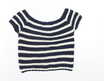 LU NYC Womens Blue Striped Acrylic Basic T-Shirt Size S Boat Neck
