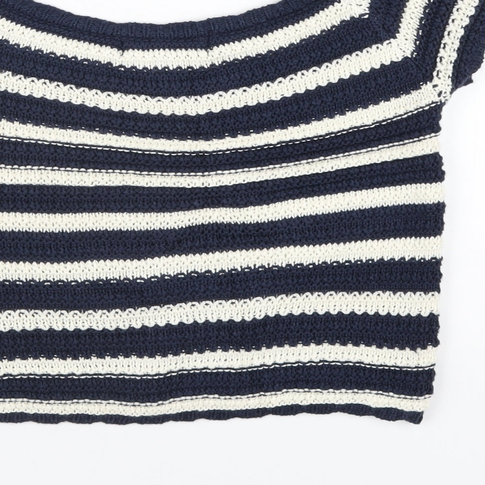 LU NYC Womens Blue Striped Acrylic Basic T-Shirt Size S Boat Neck
