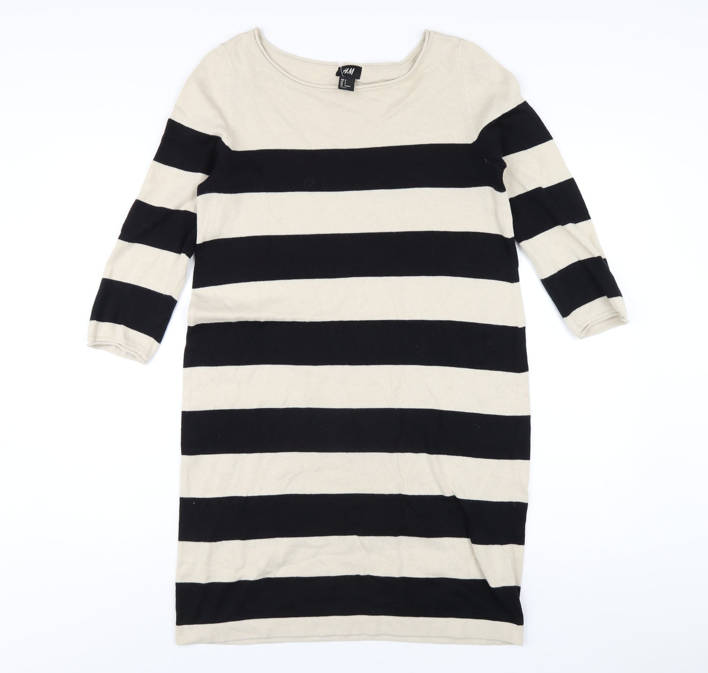 H&M Womens Beige Striped Cotton Jumper Dress Size S Boat Neck Pullover