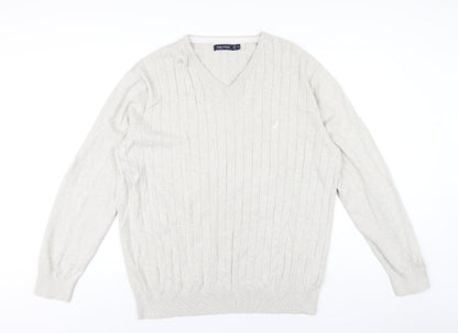 Nautica Mens Beige V-Neck Cotton Pullover Jumper Size XL Long Sleeve