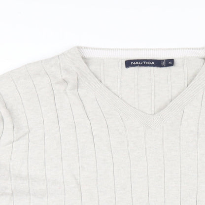 Nautica Mens Beige V-Neck Cotton Pullover Jumper Size XL Long Sleeve