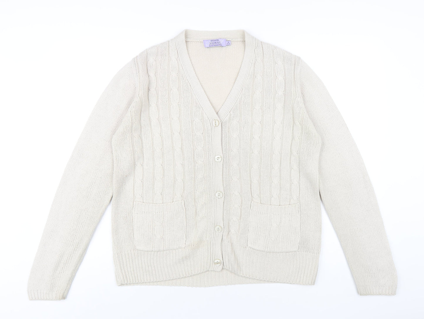 EWM Womens Beige V-Neck Acrylic Cardigan Jumper Size 14