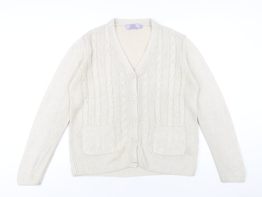 EWM Womens Beige V-Neck Acrylic Cardigan Jumper Size 14