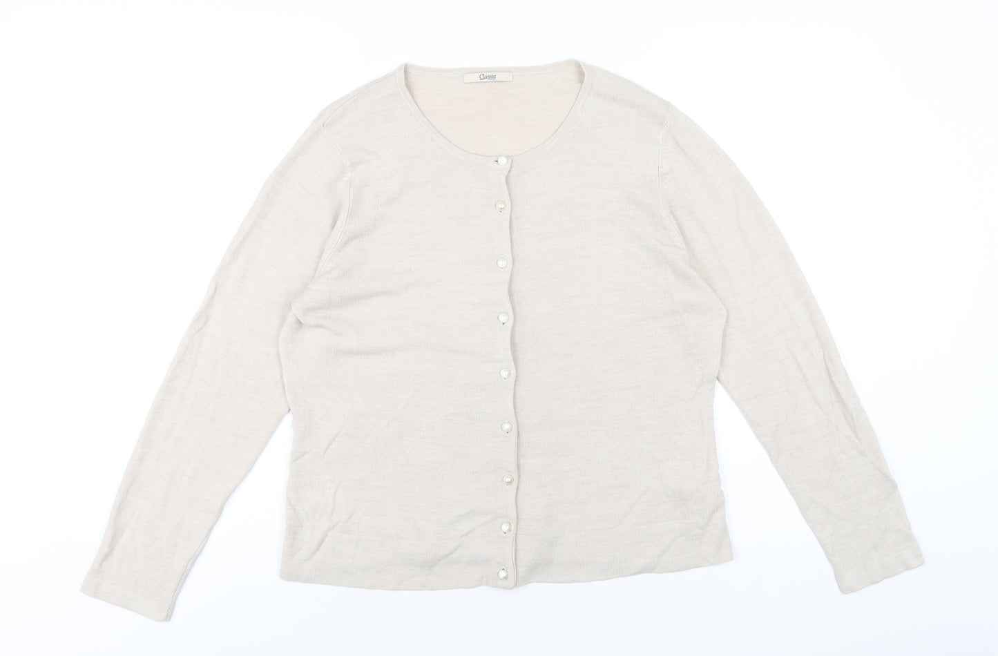 Classic Womens Beige Round Neck Acrylic Cardigan Jumper Size 16
