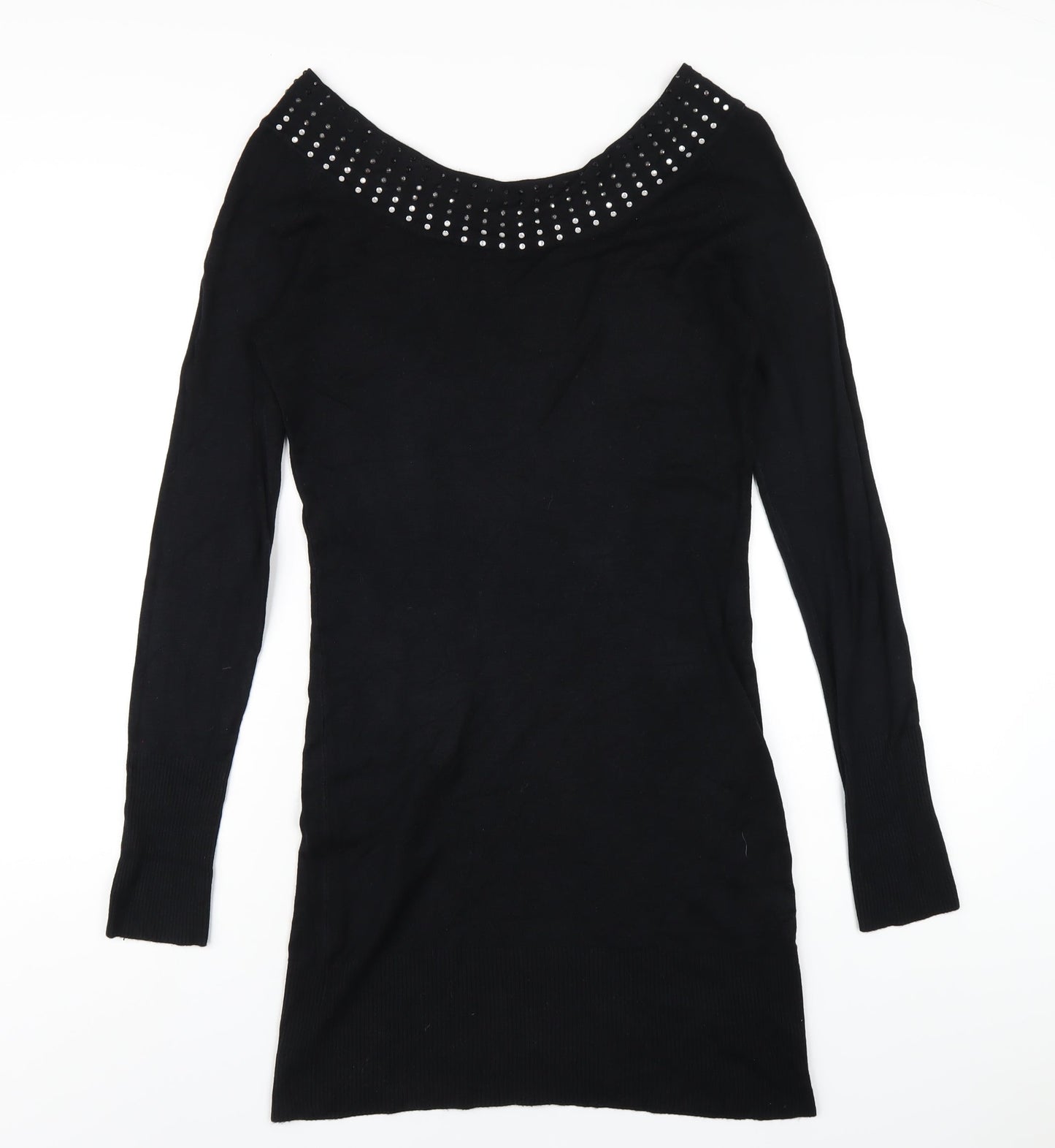 Y London Womens Black Viscose Bodycon Size L Boat Neck Pullover - Studded Neckline