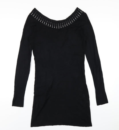 Y London Womens Black Viscose Bodycon Size L Boat Neck Pullover - Studded Neckline