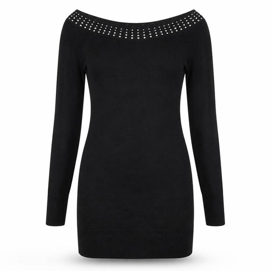 Y London Womens Black Viscose Bodycon Size L Boat Neck Pullover - Studded Neckline