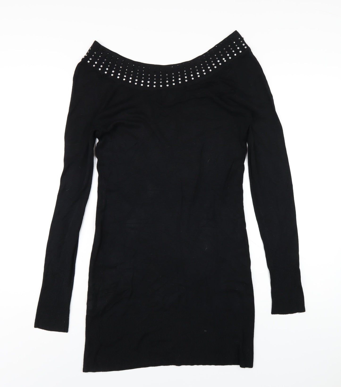 Y London Womens Black Viscose Bodycon Size L Boat Neck Pullover - Studded Neckline