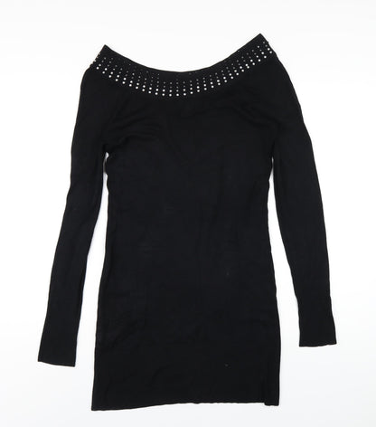 Y London Womens Black Viscose Bodycon Size L Boat Neck Pullover - Studded Neckline