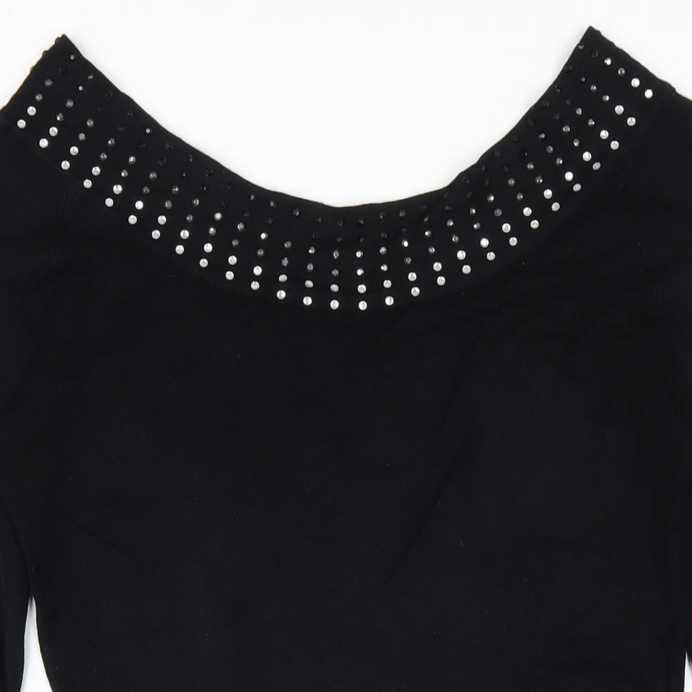 Y London Womens Black Viscose Bodycon Size L Boat Neck Pullover - Studded Neckline