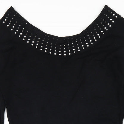 Y London Womens Black Viscose Bodycon Size L Boat Neck Pullover - Studded Neckline