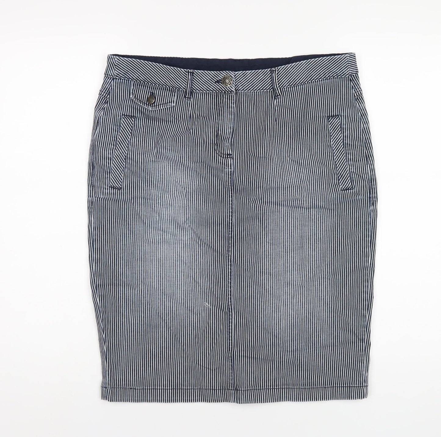 Per Una Womens Blue Striped Cotton Straight & Pencil Skirt Size 14 Zip