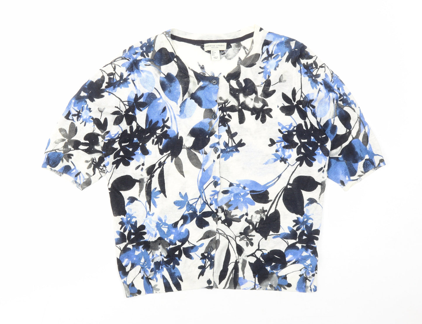 Adrienne Vittadini Womens Blue Round Neck Floral Linen Cardigan Jumper Size L