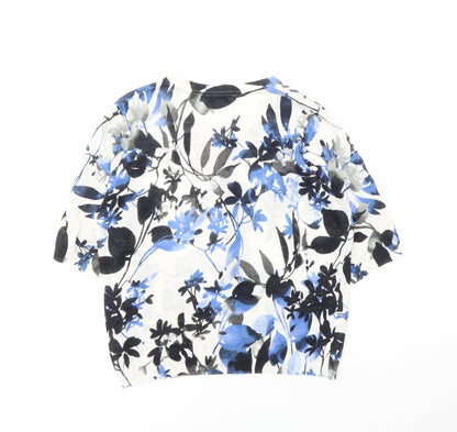 Adrienne Vittadini Womens Blue Round Neck Floral Linen Cardigan Jumper Size L