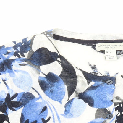 Adrienne Vittadini Womens Blue Round Neck Floral Linen Cardigan Jumper Size L