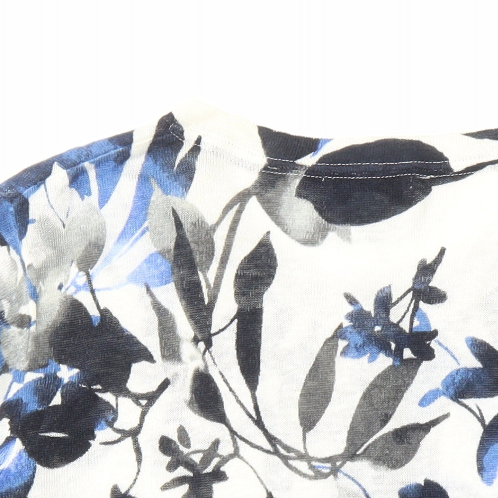 Adrienne Vittadini Womens Blue Round Neck Floral Linen Cardigan Jumper Size L