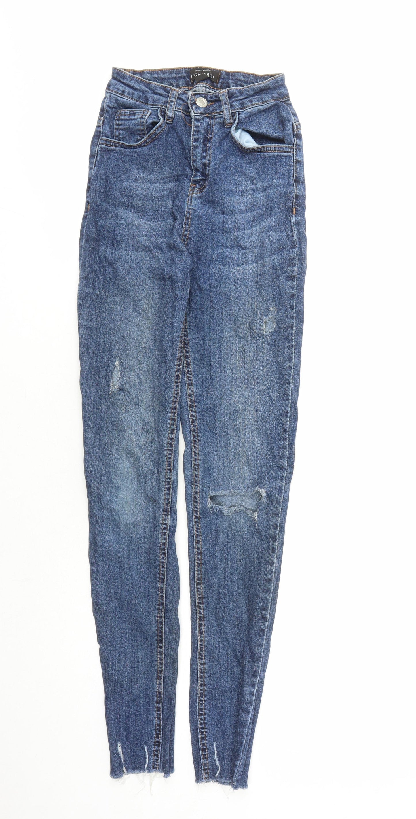 Select Womens Blue Cotton Skinny Jeans Size 6 L27 in Regular Zip - Pockets Raw Hems