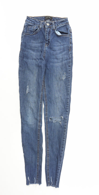 Select Womens Blue Cotton Skinny Jeans Size 6 L27 in Regular Zip - Pockets Raw Hems