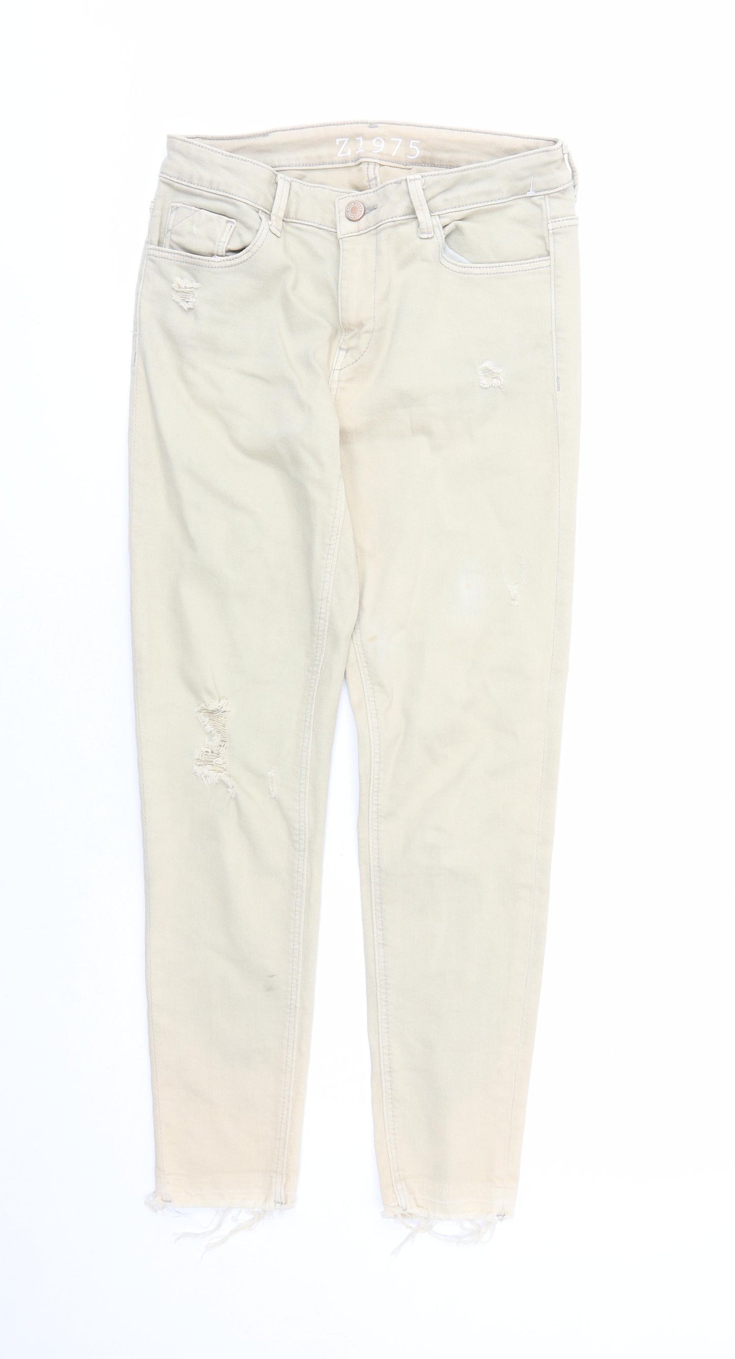 Zara Womens Beige Cotton Skinny Jeans Size 10 L27 in Regular Zip - Pockets Raw Hems