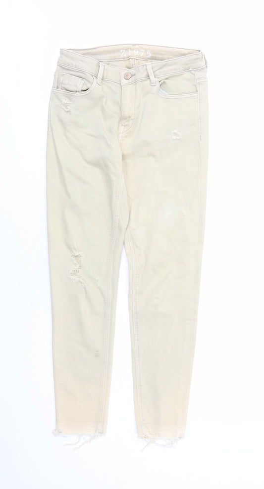 Zara Womens Beige Cotton Skinny Jeans Size 10 L27 in Regular Zip - Pockets Raw Hems