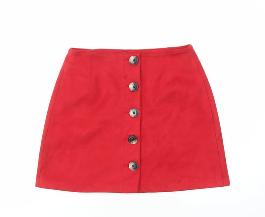 Bershka Womens Red Polyester A-Line Skirt Size M Button